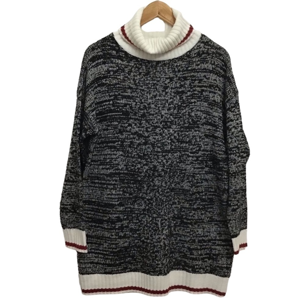 GREY red white chunky knit sweater large oversized turtle neck cowl